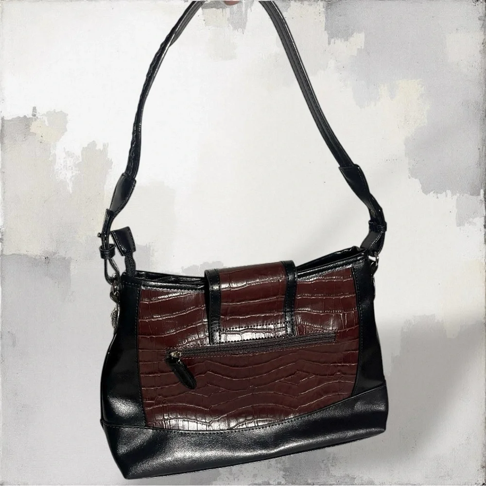 Vintage black and burgundy/red crocodile-embossed leather shoulder bag